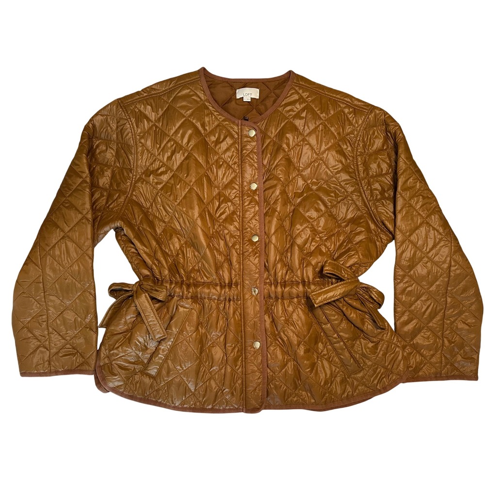 Loft Quilted Puffer Jacket Brown Cinched Waist Snap Front XL RN140923